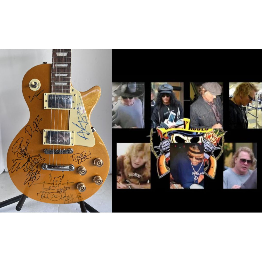 Guns N' Roses Axl Rose Slash Matt Sorum Izzy Stradlin Duff Mckagan Dizzy Reed full band Gold Les Paul electric guitar signed with proof