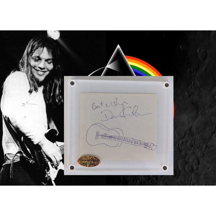 David Gilmour Pink Floyd with sketch (guitar) Vintage autograph book page signed with proof