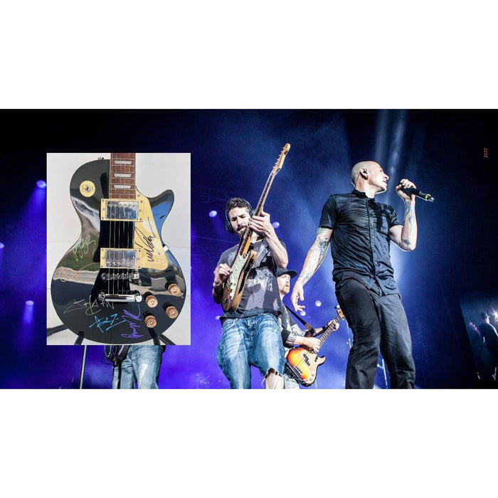 Chester Bennington, Mike Shinoda, Brad Delson, Dave Farrell, Joe Hahn, Rob Bourdon Linkin Park les paul full size electric guitar signed
