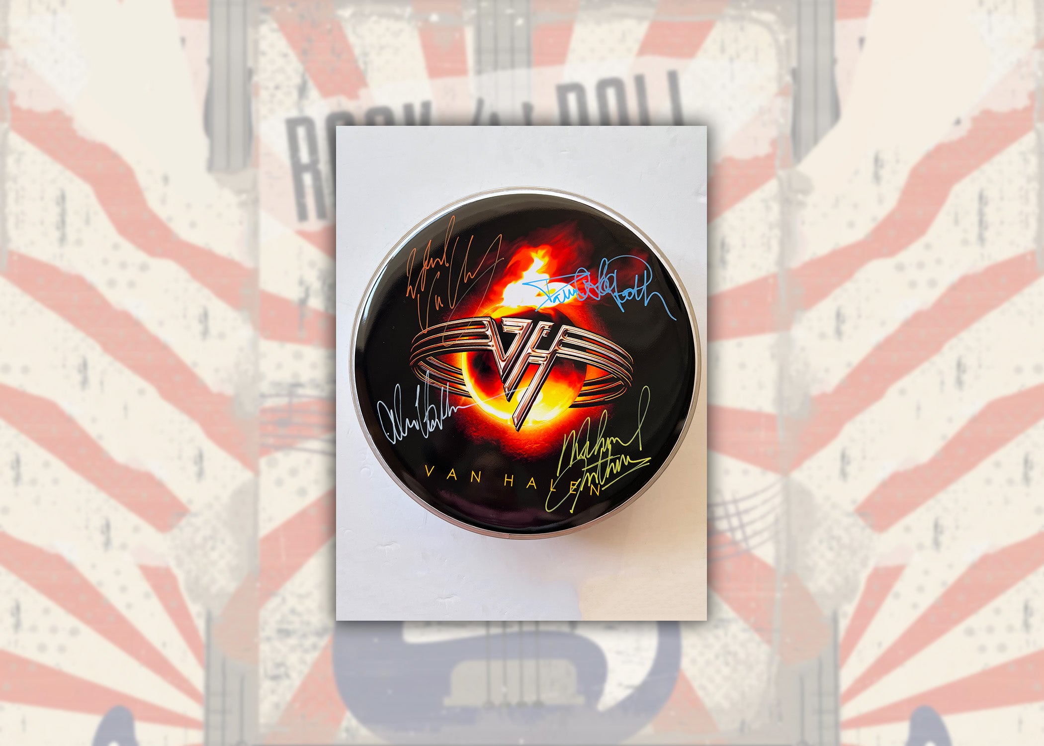 Eddie Van Halen, David Lee Roth, Alex Van Halen, Michael Anthony one-of-a-kind drumhead signed with proof