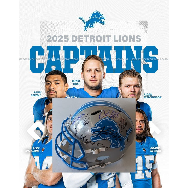 Jahmyr Gibbs, Jared Goff, Aidan Hutchinson, Dan Campell, Amon St. Brown & David Montgomery Detroit Lions Riddell full size helmet signed