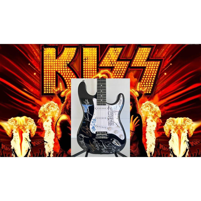 Kiss, Gene Simmons, Paul Stanley, Peter Chris, Ace Frehley  electric guitar signed with proof