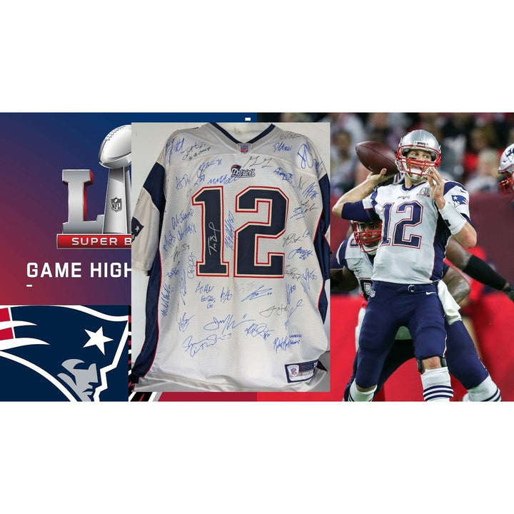 New England Patriots Tom Brady, Rob Gronkowski, Julian Edelman, Robert Kraft, Bill Belichick, 2016-17 team signed Super Bowl champs