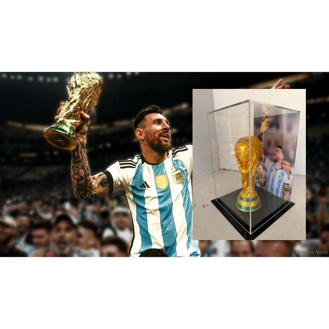 Lionel Messi 2022 World Cup Replica Trophy Resin Sculpture signed with proof.
