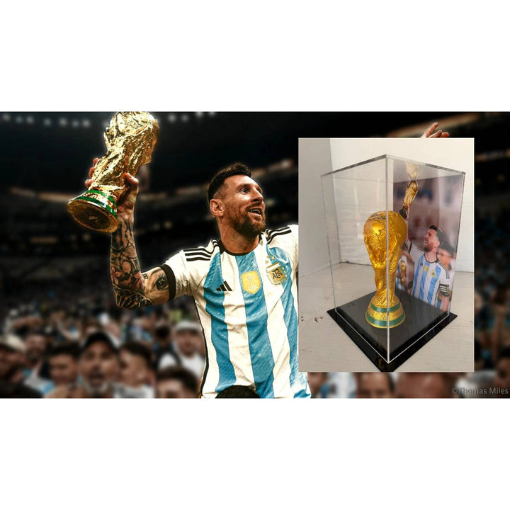 Lionel Messi 2022 World Cup Replica Trophy Resin Sculpture signed with proof.
