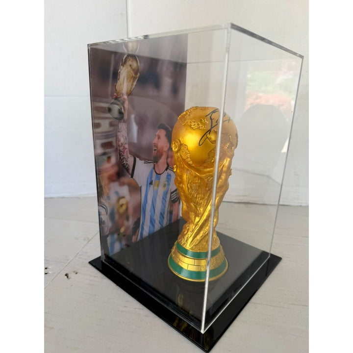Lionel Messi 2022 World Cup Replica Trophy Resin Sculpture signed with proof.