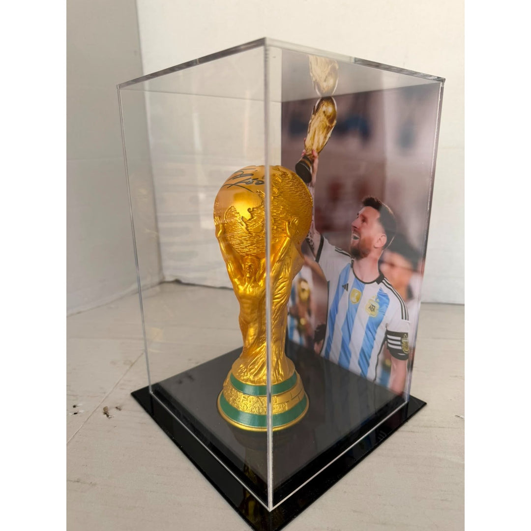 Lionel Messi 2022 World Cup Replica Trophy Resin Sculpture signed with proof.