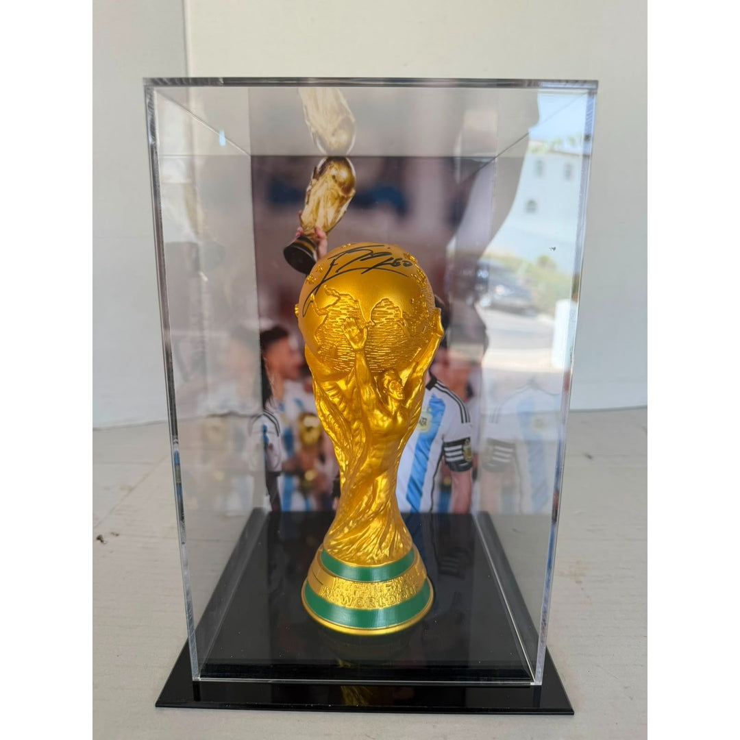 Lionel Messi 2022 World Cup Replica Trophy Resin Sculpture signed with proof.