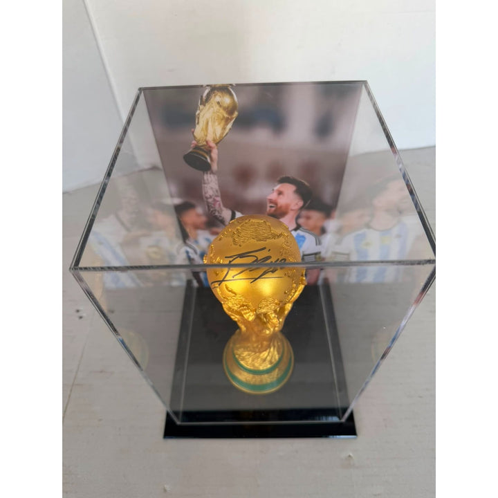 Lionel Messi 2022 World Cup Replica Trophy Resin Sculpture signed with proof.