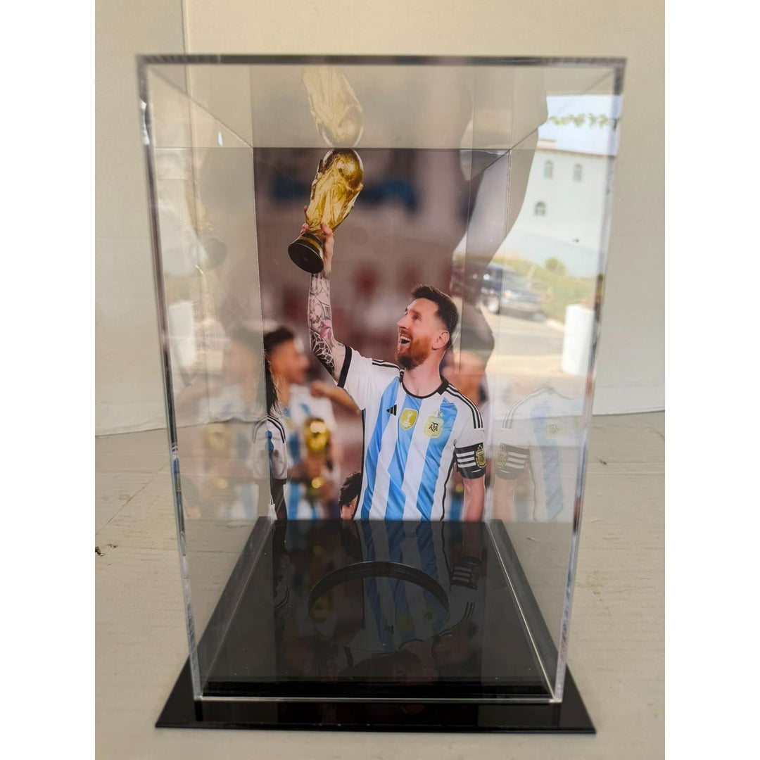Lionel Messi 2022 World Cup Replica Trophy Resin Sculpture signed with proof.