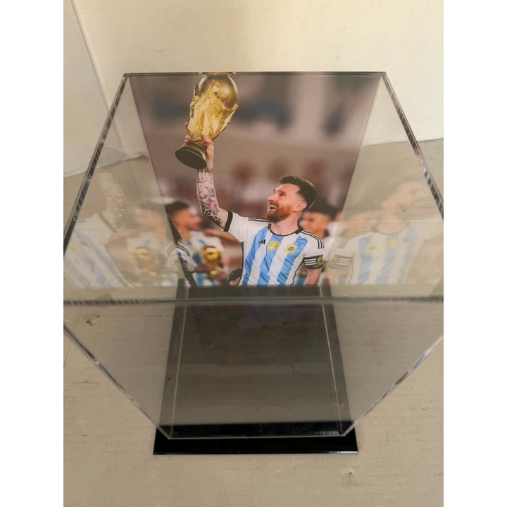 Lionel Messi 2022 World Cup Replica Trophy Resin Sculpture signed with proof.
