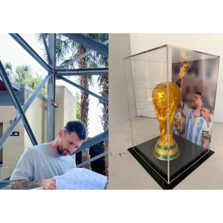 Lionel Messi 2022 World Cup Replica Trophy Resin Sculpture signed with proof.