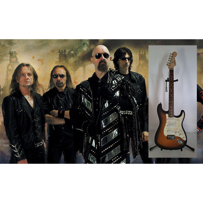 Rob Halford, K.K. Downing, Glenn Tipton, Ian Hill and Dave Holland, Judas Priest, Fender Stratocaster electric guitar signed with proof