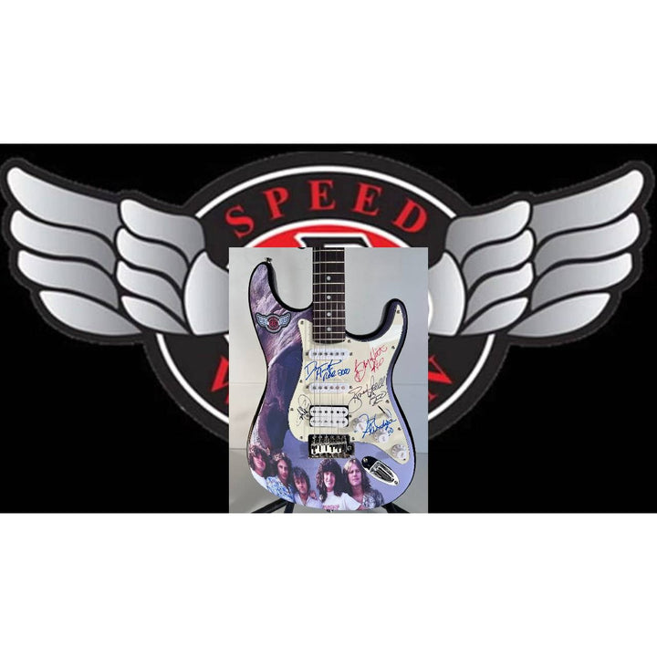 Reo Speedwagon Kevin Cronin, Dave Amato, Bruce Hall, Brian Hitt and Derek Hilland Stratocaster (one of a kind) electric guitar signed.