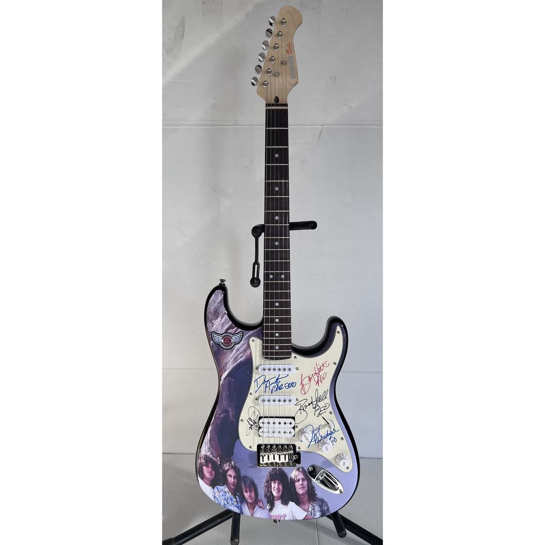 Reo Speedwagon Kevin Cronin, Dave Amato, Bruce Hall, Brian Hitt and Derek Hilland Stratocaster (one of a kind) electric guitar signed.