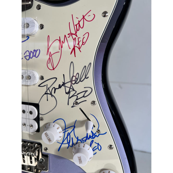 Reo Speedwagon Kevin Cronin, Dave Amato, Bruce Hall, Brian Hitt and Derek Hilland Stratocaster (one of a kind) electric guitar signed.