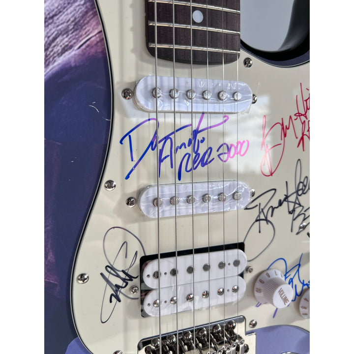 Reo Speedwagon Kevin Cronin, Dave Amato, Bruce Hall, Brian Hitt and Derek Hilland Stratocaster (one of a kind) electric guitar signed.
