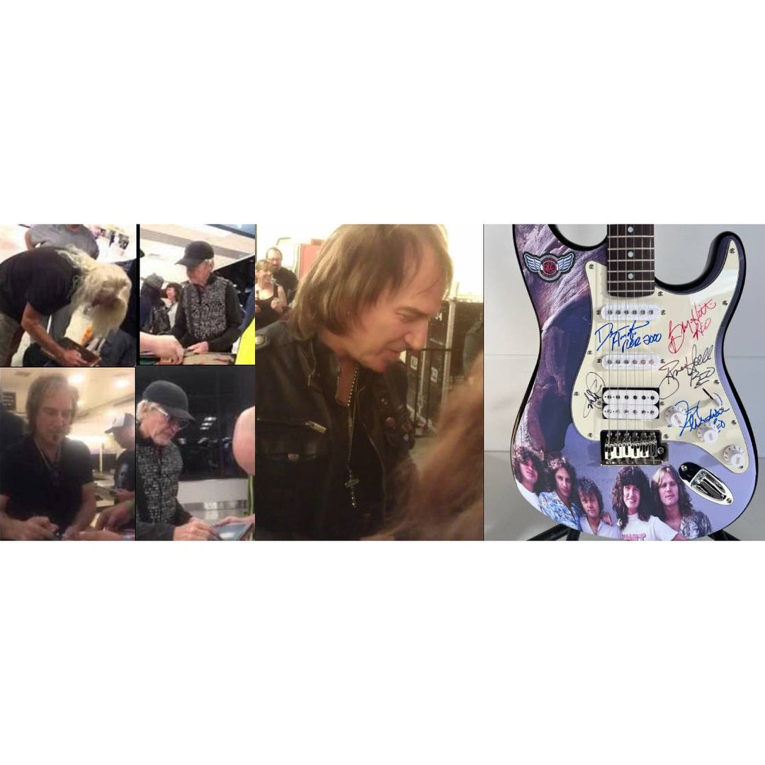 Reo Speedwagon Kevin Cronin, Dave Amato, Bruce Hall, Brian Hitt and Derek Hilland Stratocaster (one of a kind) electric guitar signed.