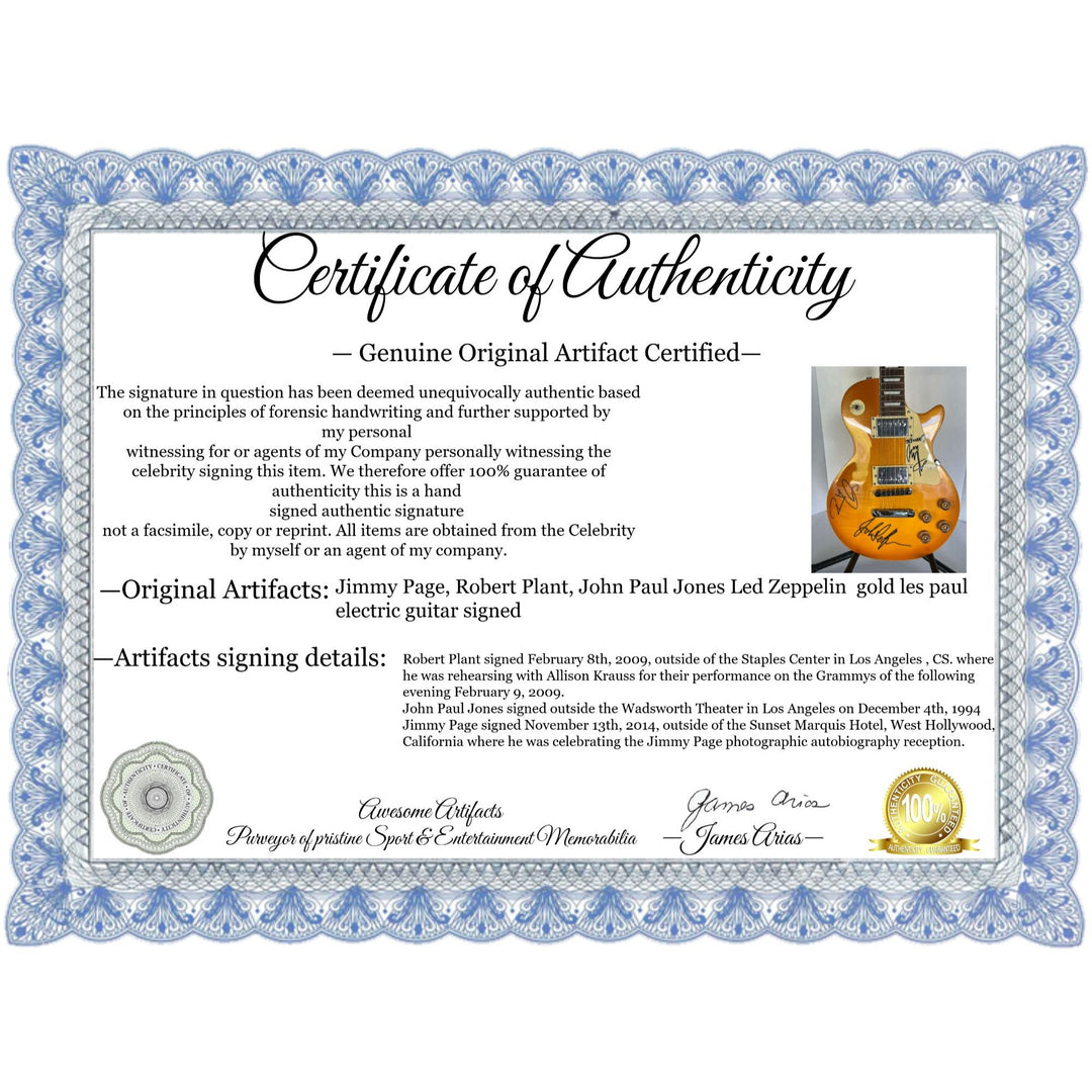 Jimmy Page, Robert Plant, John Paul Jones Led Zeppelin  gold les paul electric guitar signed with proof.