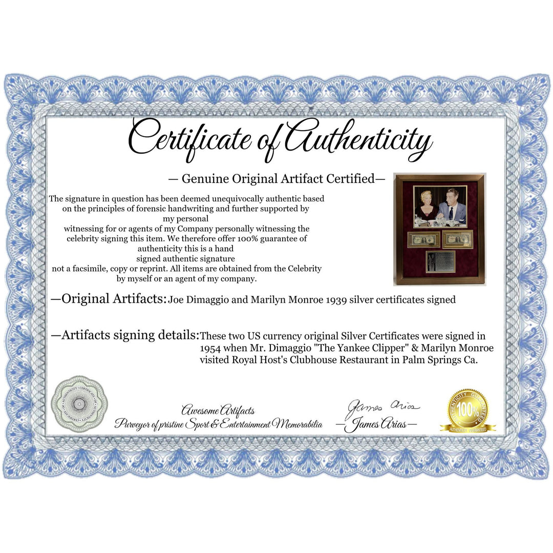 Joe Dimaggio and Marilyn Monroe 1939 silver certificates signed