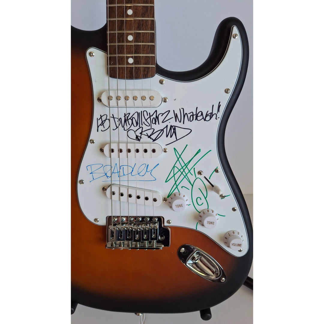 Bradley Nowell, Bud Gaugh, Eric Wilson, Sublime, Fender Stratocaster Squier electric guitar signed with proof