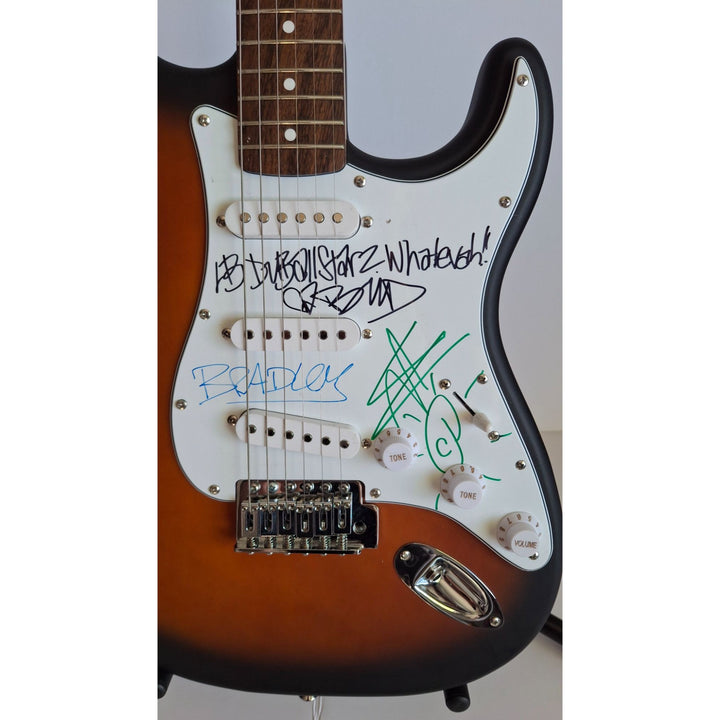 Bradley Nowell, Bud Gaugh, Eric Wilson, Sublime, Fender Stratocaster Squier electric guitar signed with proof