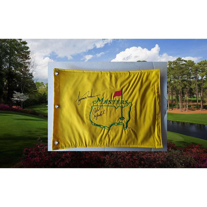 Tiger Woods and Phil Mickelson Masters pin flag embroidered and signed with proof