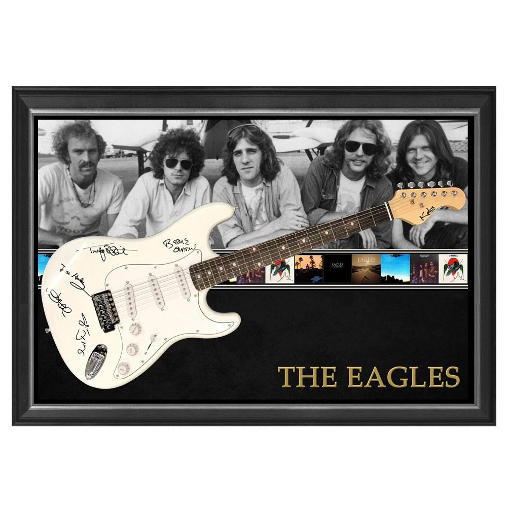 Rush Band signed Neil Peart, Geddy Lee, Alex Lifeson vintage black Fender Stratocaster full size electric guitar signed with proof