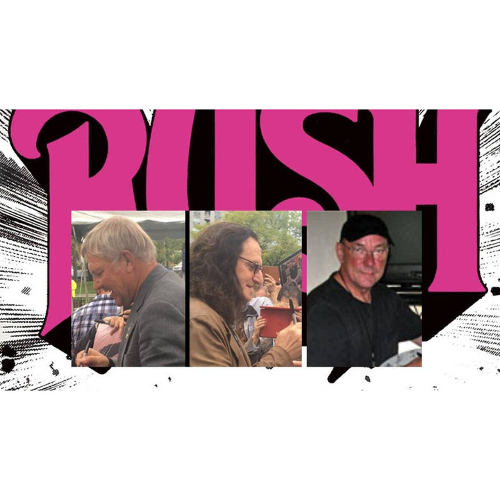Rush Band signed Neil Peart, Geddy Lee, Alex Lifeson vintage black Fender Stratocaster full size electric guitar signed with proof