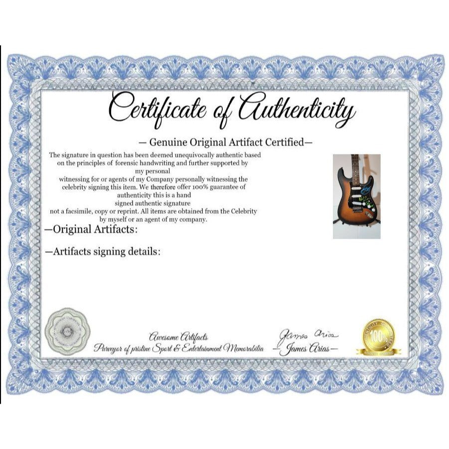 Rush Band signed Neil Peart, Geddy Lee, Alex Lifeson vintage black Fender Stratocaster full size electric guitar signed with proof