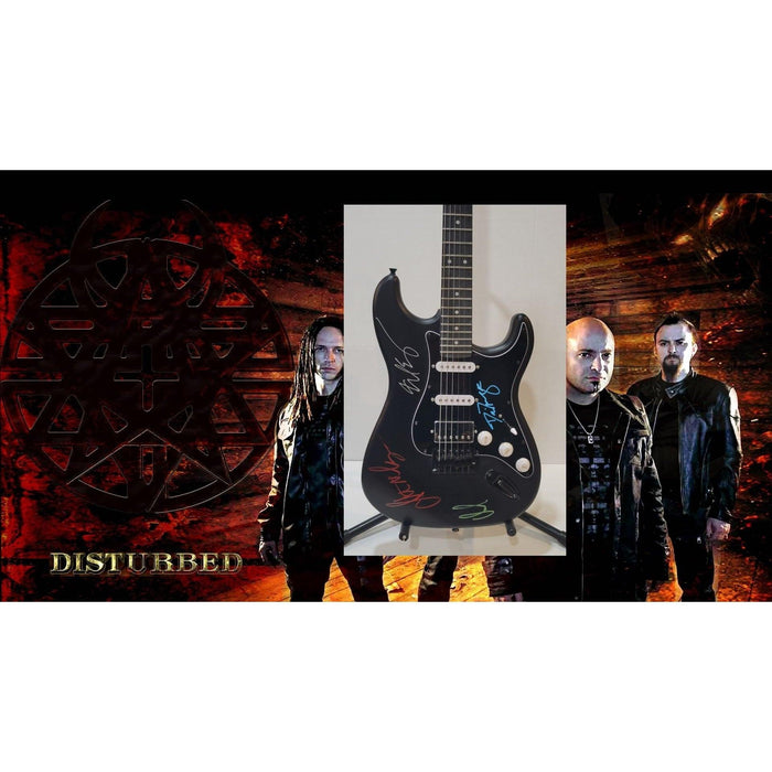 Disturbed John Moyer, David Draiman, Mike Wengren and Dan Donegan Stratocaster electric guitar signed with proof