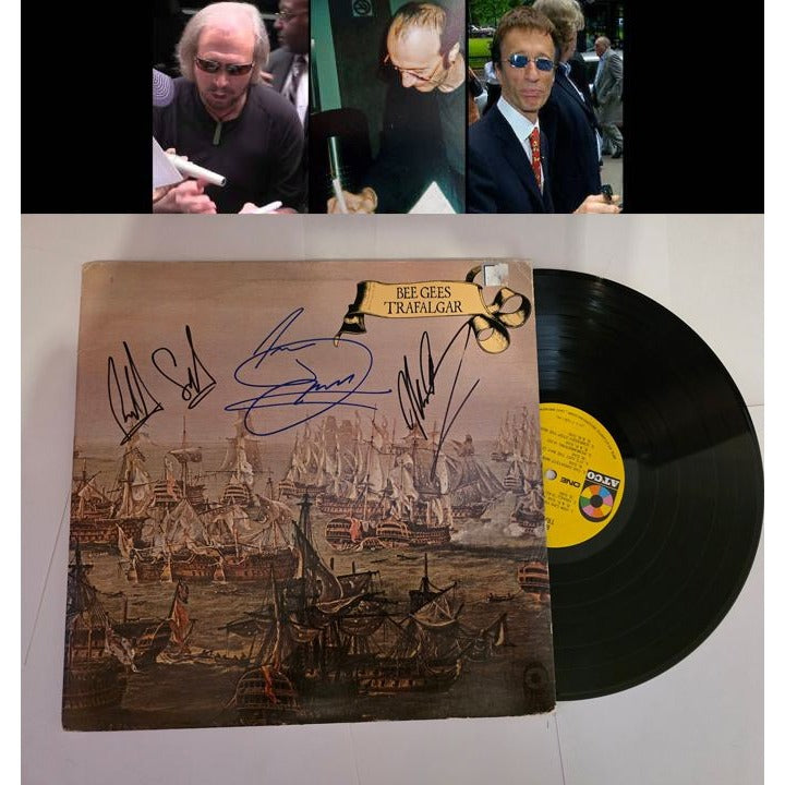 Barry, Robin and Maurice Gibb Bee Gees "Trafalgar" LP signed with proof.