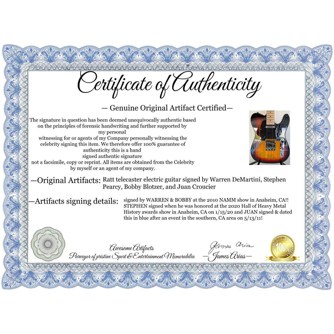 Ratt telecaster electric guitar signed by Warren DeMartini, Stephen Pearcy, Bobby Blotzer, and Juan Croucier.