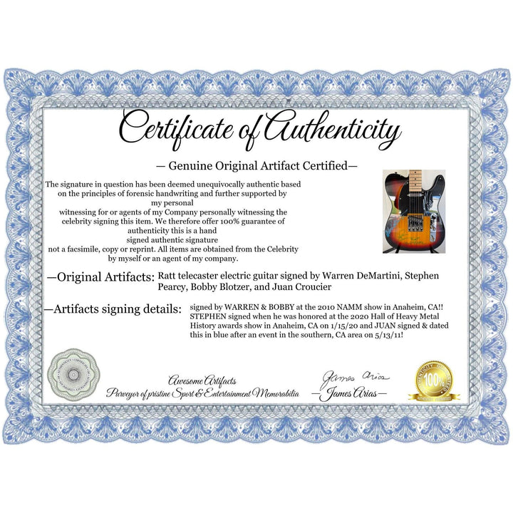 Ratt telecaster electric guitar signed by Warren DeMartini, Stephen Pearcy, Bobby Blotzer, and Juan Croucier.