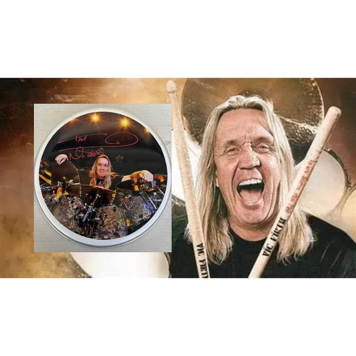 Nicko Mcbrain of Iron Maiden drumhead signed with proof.