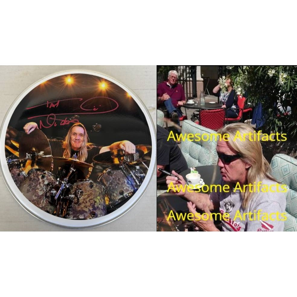 Nicko Mcbrain of Iron Maiden drumhead signed with proof.