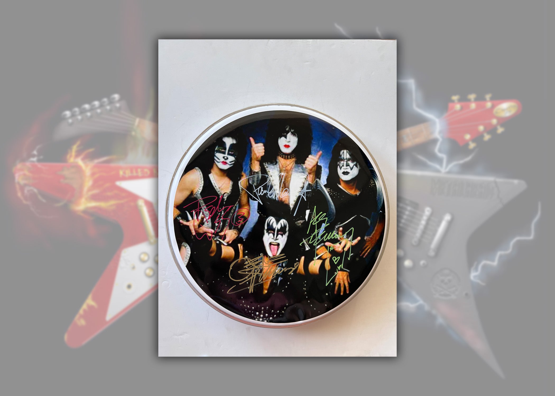 Gene Simmons, Paul Stanley, Peter Criss, Ace Frehley one-of-a-kind drumhead signed with proof