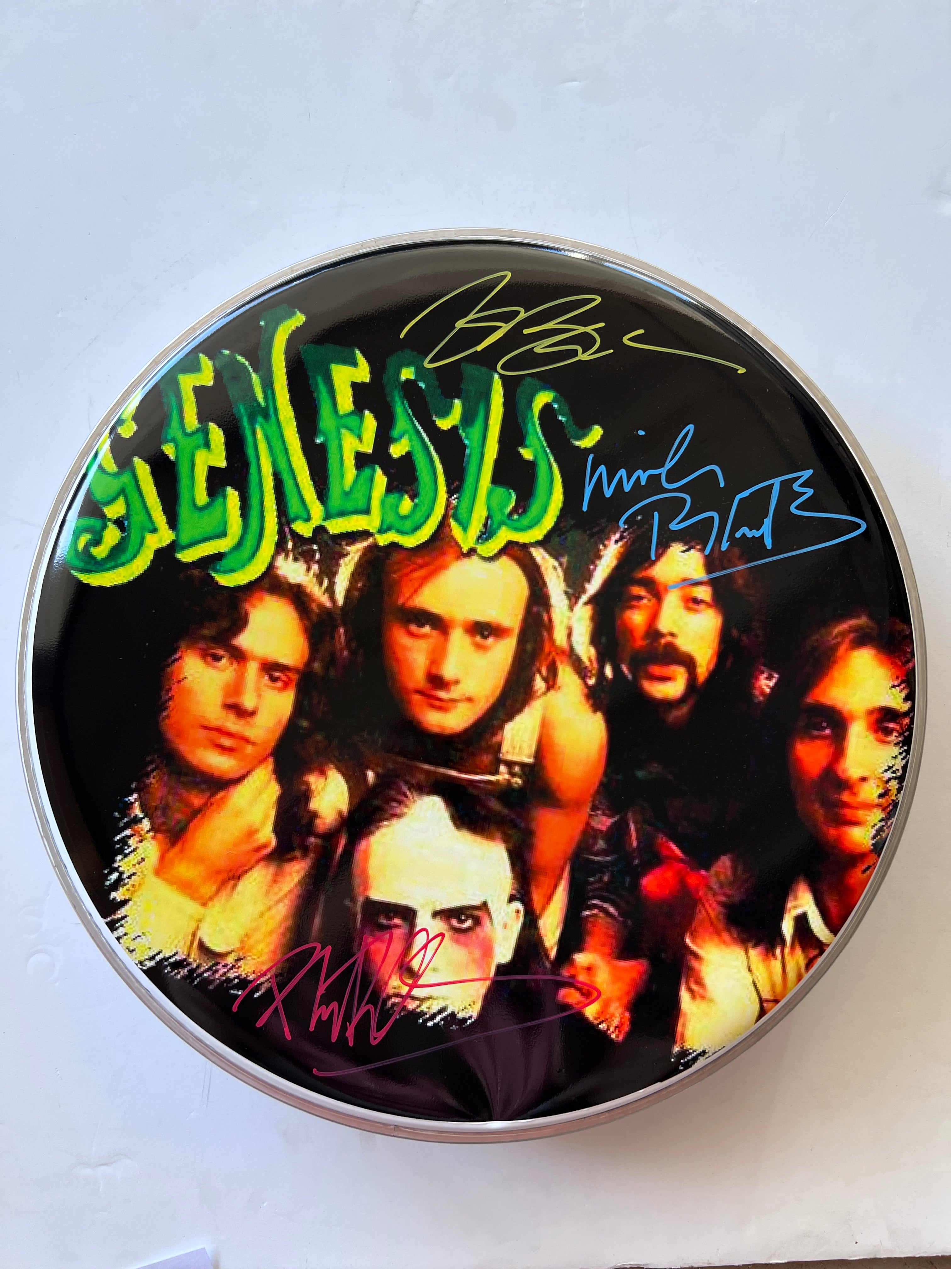 Genesis Phil Collins, Peter Gabriel, Tony Banks, Mike Rutherford one-of-a-kind drumhead signed with proof