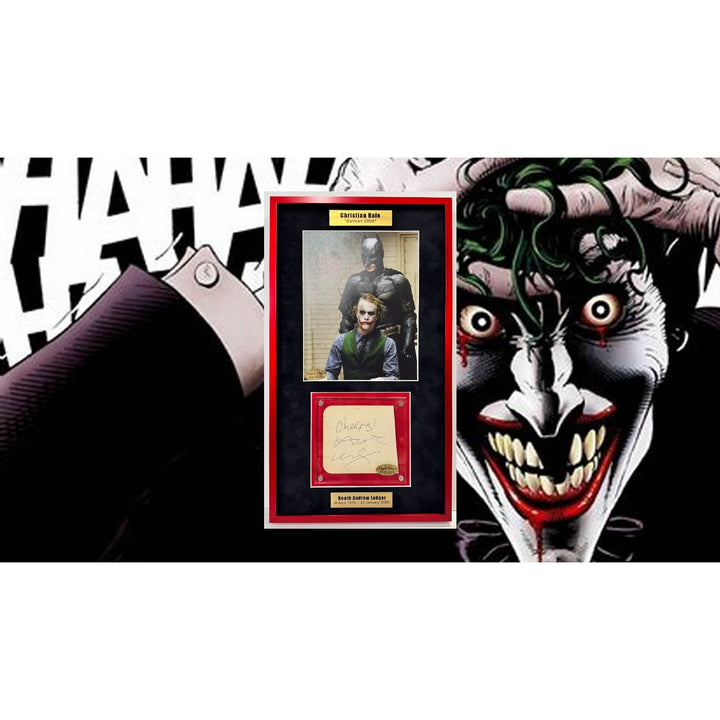 Christian Bale 8x10 photo & Heath Ledger autograph page book "The Dark Knight" signed and framed 12x21'' with proof