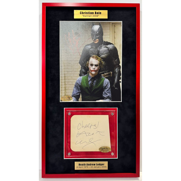 Christian Bale 8x10 photo & Heath Ledger autograph page book "The Dark Knight" signed and framed 12x21'' with proof