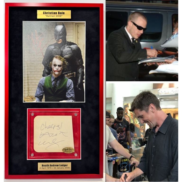 Christian Bale 8x10 photo & Heath Ledger autograph page book "The Dark Knight" signed and framed 12x21'' with proof