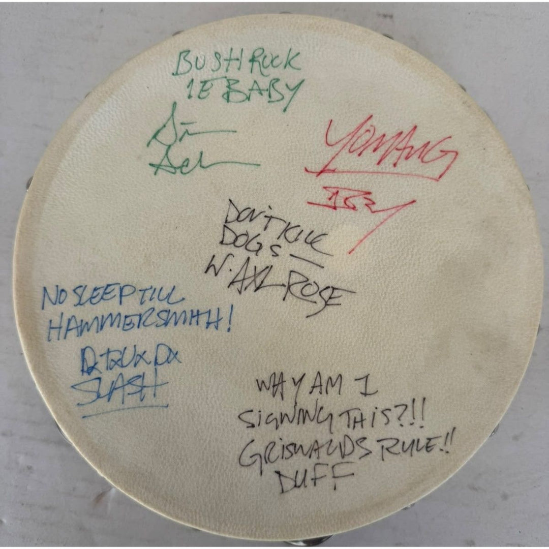 Guns N Roses Slash Axl Rose Duff McKagen Izzy Stradlin Steven Adler vintage Tambourine 8" signed with proof.
