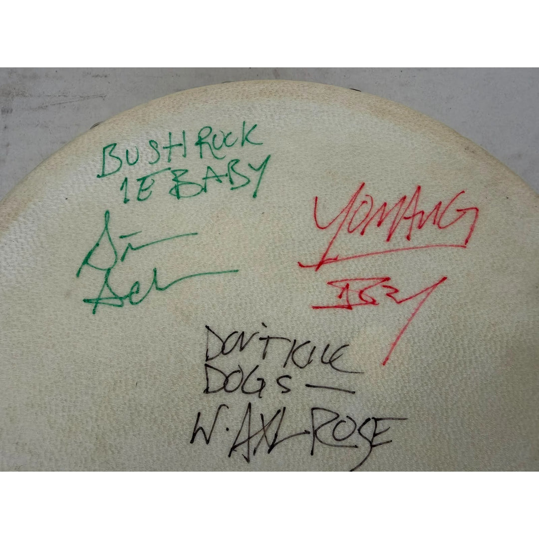 Guns N Roses Slash Axl Rose Duff McKagen Izzy Stradlin Steven Adler vintage Tambourine 8" signed with proof.