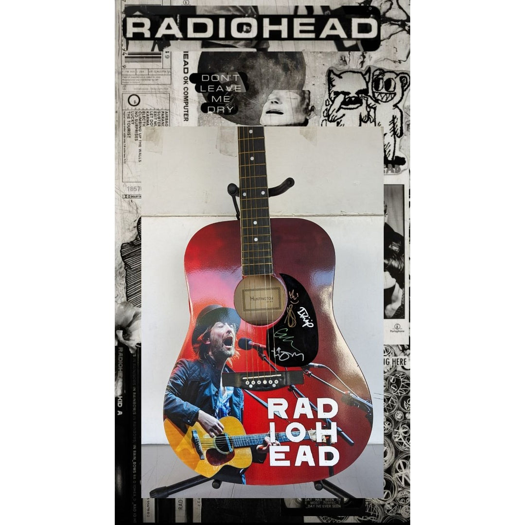 Radiohead Thom Yorke, Jonny & Colin Greenwood, Ed O'Brien and Philip Selway one of a kind full size acoustic guitar signed with proof