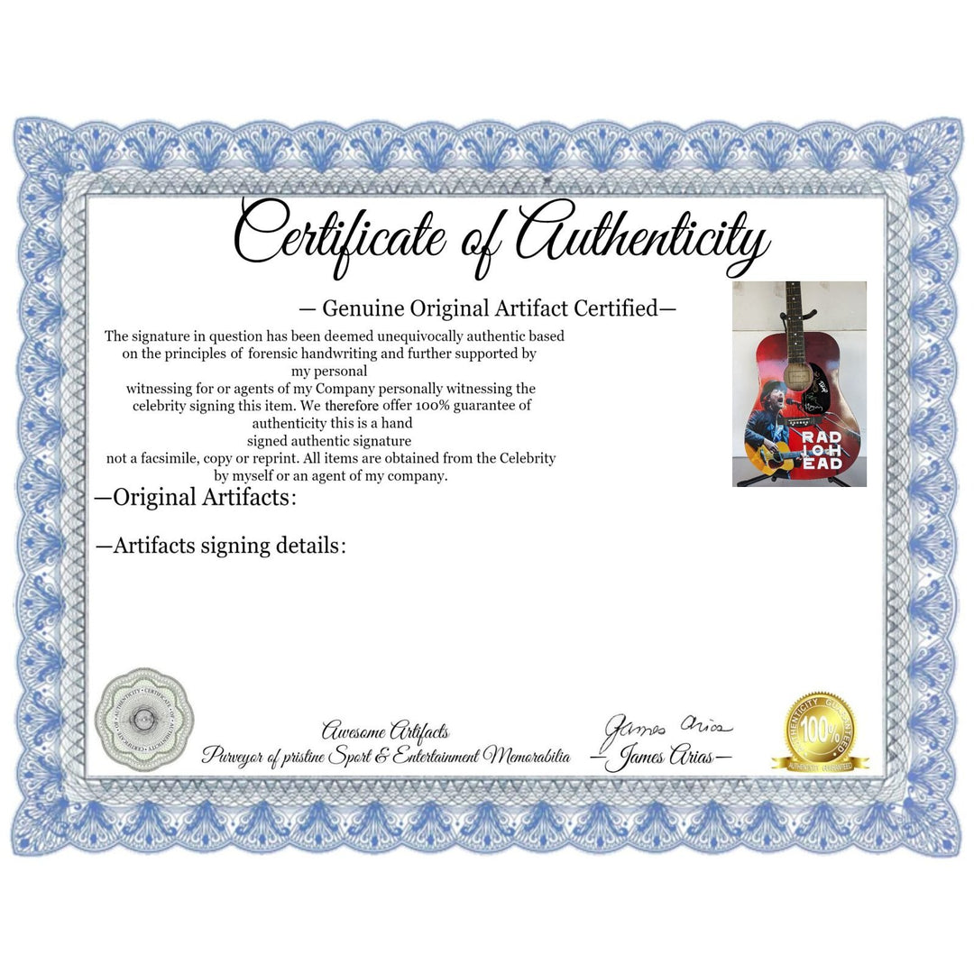 Radiohead Thom Yorke, Jonny & Colin Greenwood, Ed O'Brien and Philip Selway one of a kind full size acoustic guitar signed with proof