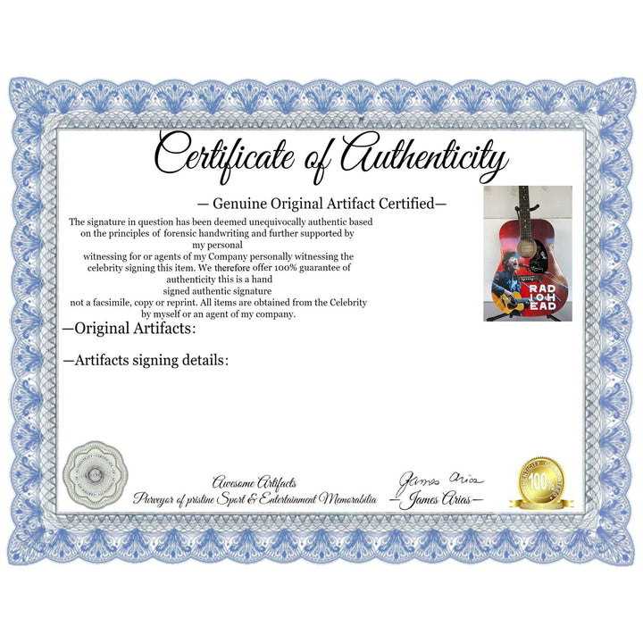 Radiohead Thom Yorke, Jonny & Colin Greenwood, Ed O'Brien and Philip Selway one of a kind full size acoustic guitar signed with proof