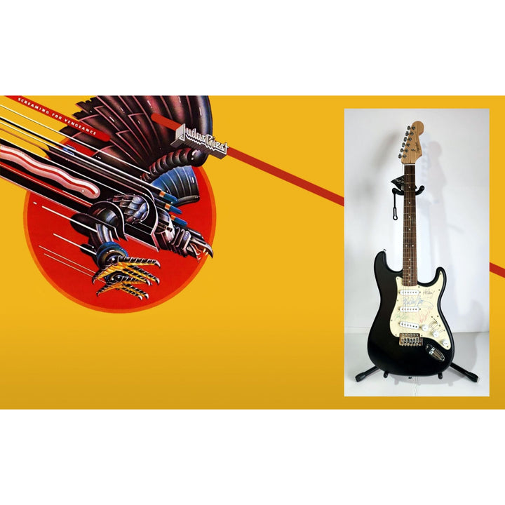 Judas Priest, Rob Halford, K.K. Downing, Glenn Tipton, Ian Hill and Dave Holland, Fender Stratocaster electric guitar signed with proof