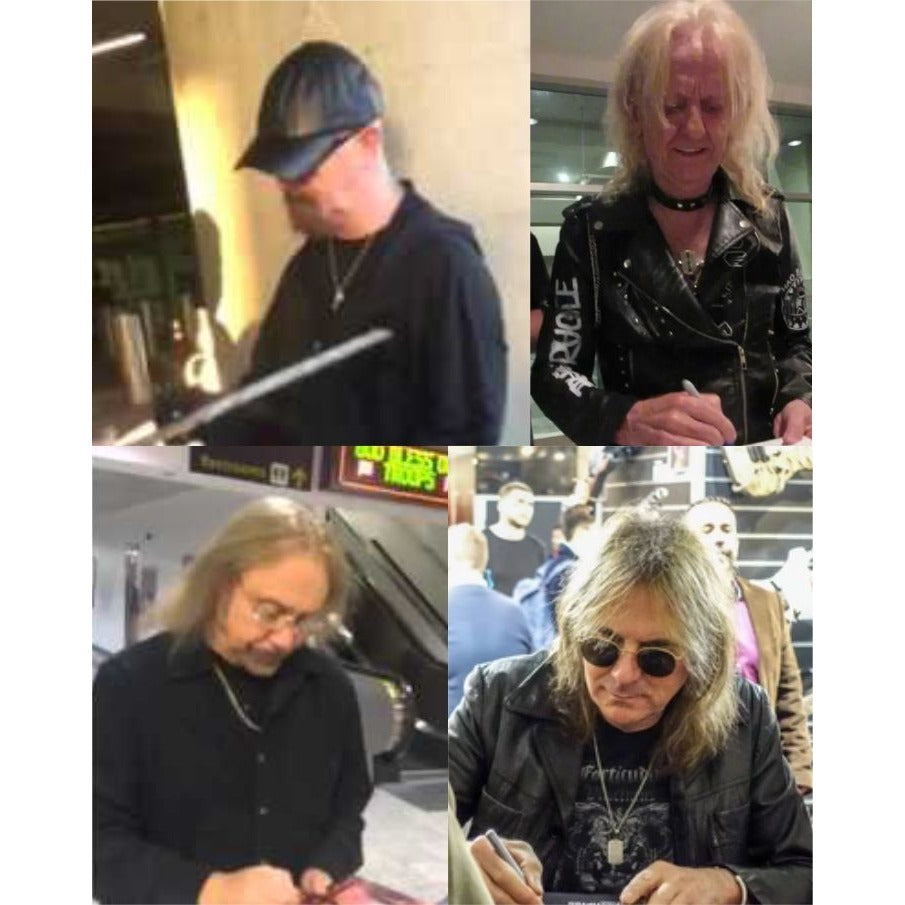 Judas Priest, Rob Halford, K.K. Downing, Glenn Tipton, Ian Hill and Dave Holland, Fender Stratocaster electric guitar signed with proof