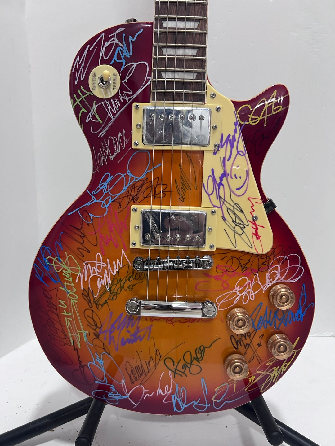 Guitar legends 36 signed in all Angus Young, Paul Simon, Jimmy Page, David Gilmour, Jimmy Hendix model guitar signed with proof