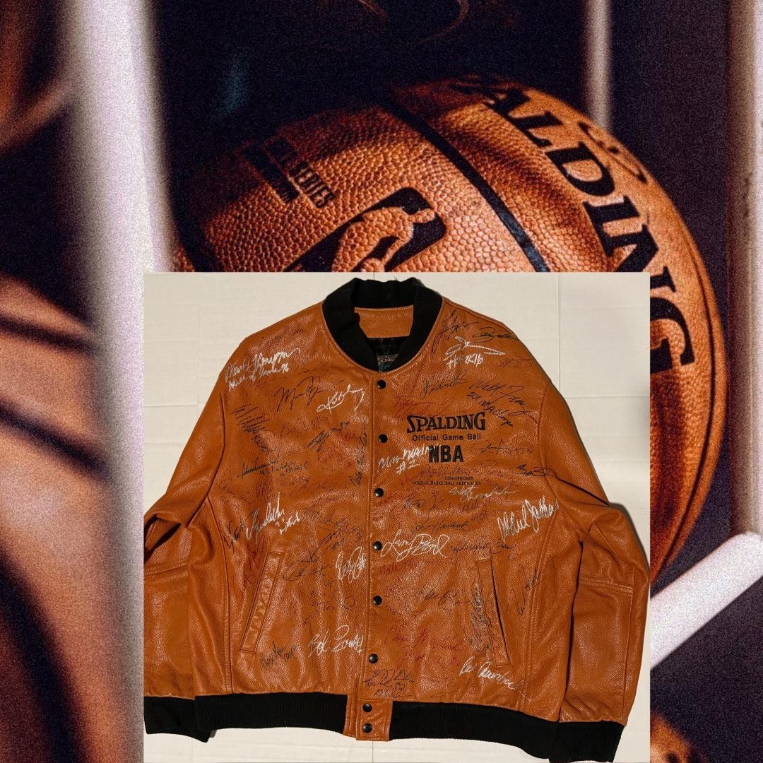 Spalding NBA David Stern Commissioner Leather Basketball Jacket size large signed by 53 of the NBAs greatest players of all time